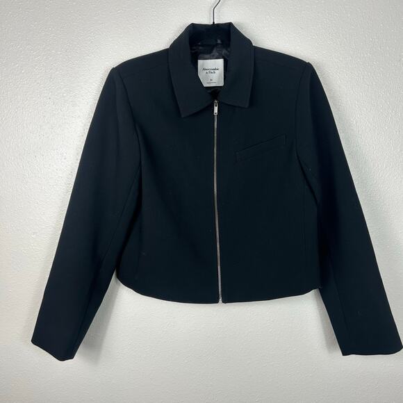 Abercrombie & Fitch Cropped Zip up Collared Jacket Black Sz Medium - Picture 3 of 7